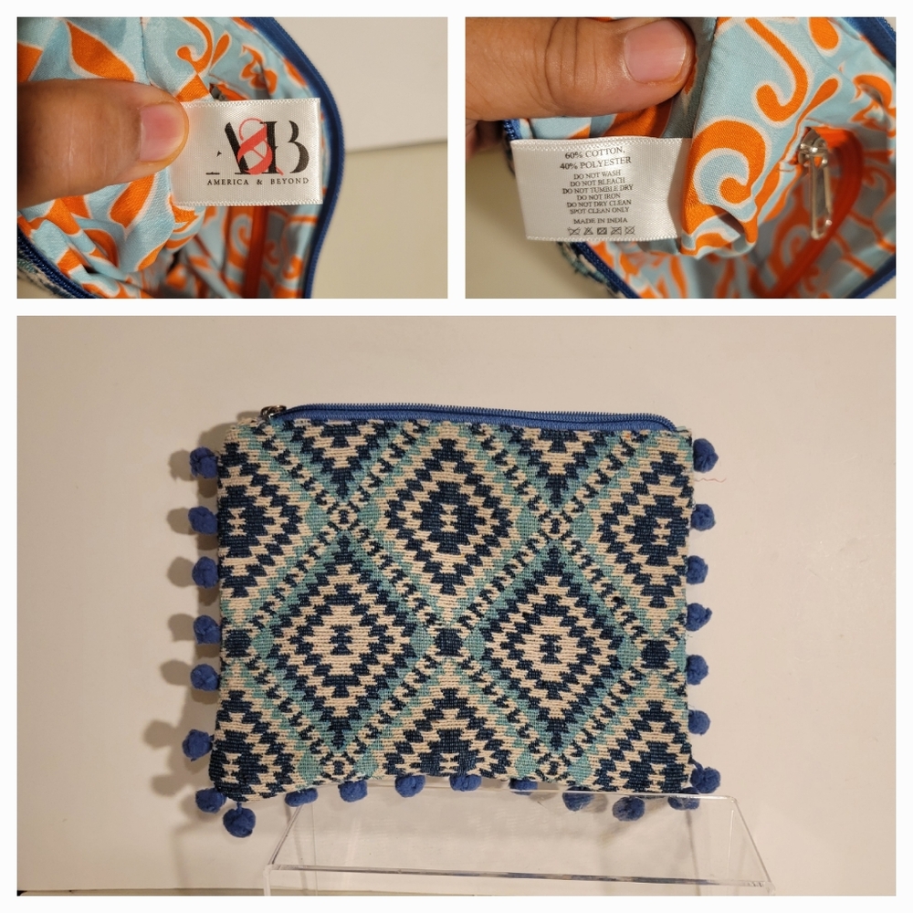 America & Beyond Woven Boho Pom Pom Trimmed Cotton Blend Wristlet